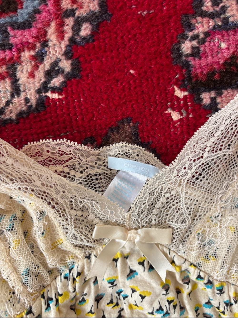 Eberjey Cream Lace-Trim Floral Chemise - Cream with Yellow & Blue Print